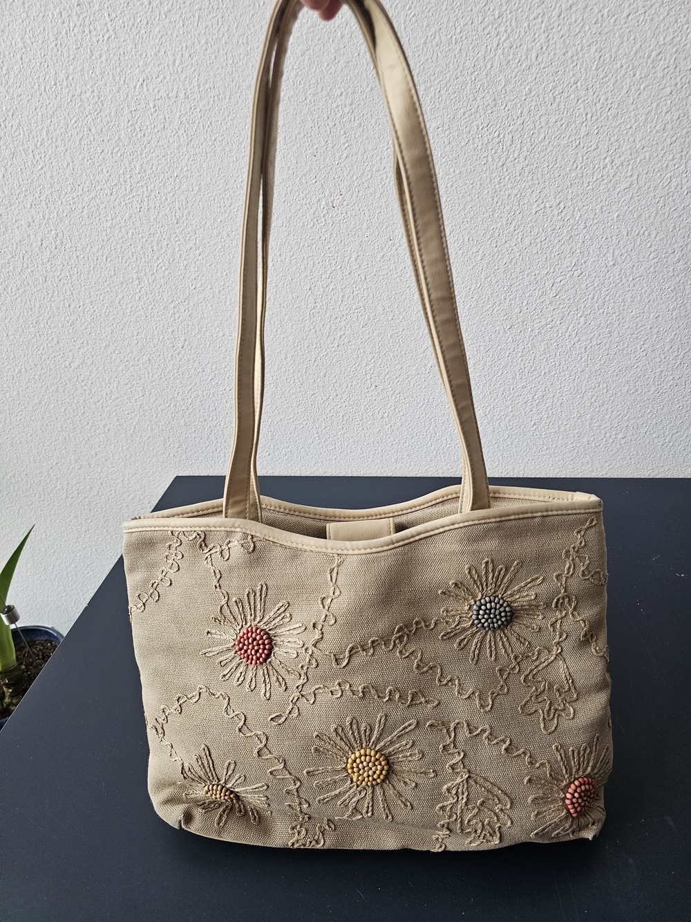 Stone Mountain Embroidered Floral Beaded Canvas Tote Bag Y2K Boho